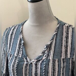 Blue Rain Striped V-Neck Top - Blue and White